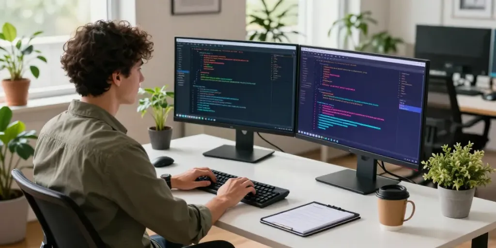 Developer optimizing instant indexing in a vibrant tech workspace with dual monitors and coding tools.