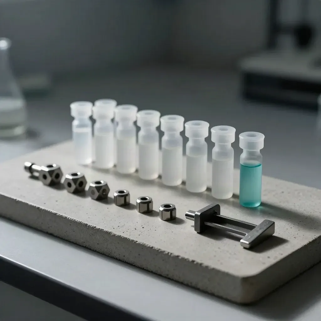 Biotech sample vials, hex spacers, and a graphite clamp on pale concrete under dramatic studio light.