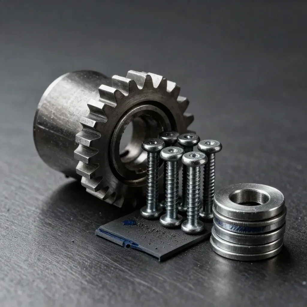 Machined gear segment, alignment pins and shims on brushed metal, lit with a navy accent.