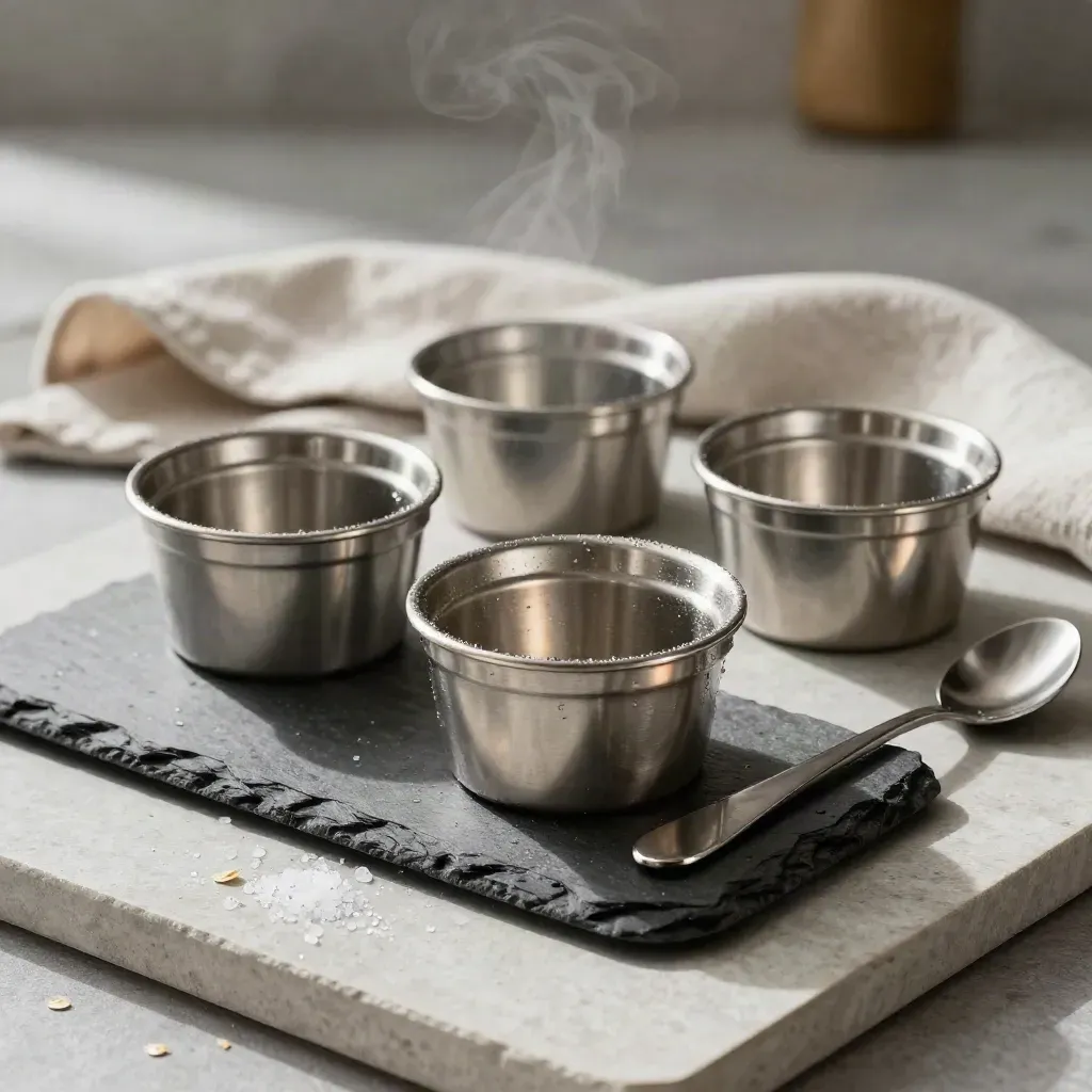 Stainless ramekins, slate spoon, linen and salt crystals on stone with soft steam.