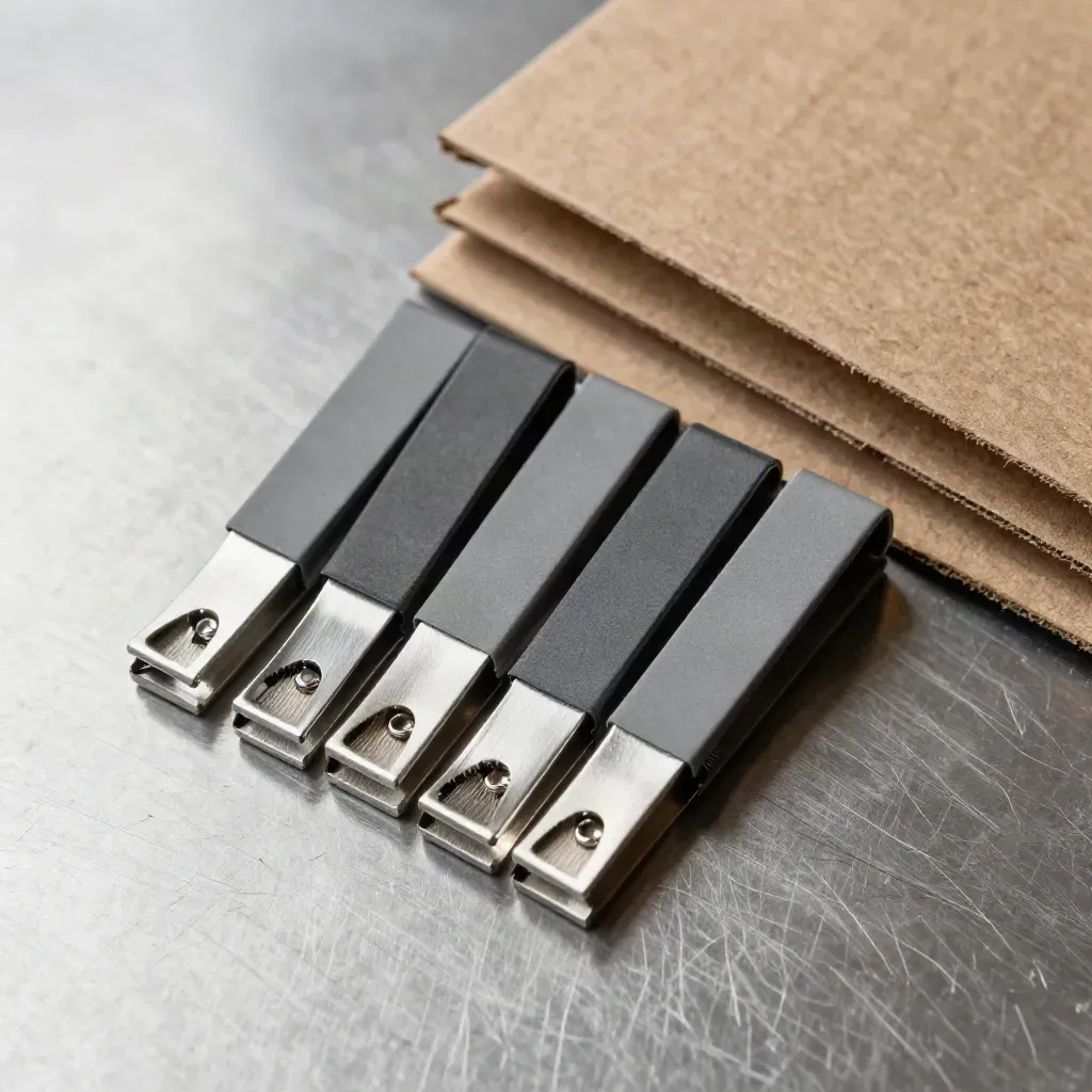 Brushed aluminium file clips, carton straps and kraft sleeve on steel in a tight top-down flatlay.