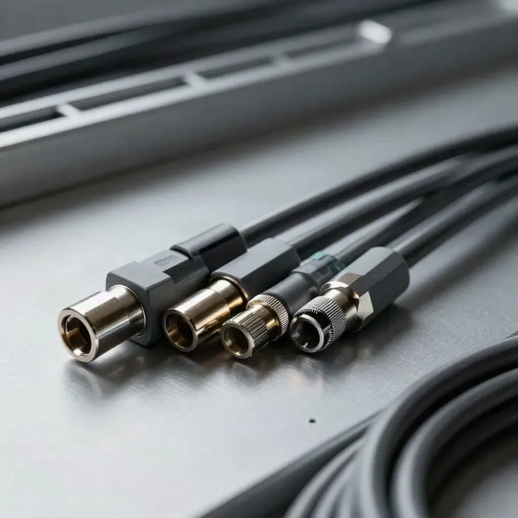 Linked cable loops and connector blocks on brushed aluminium with dramatic studio light