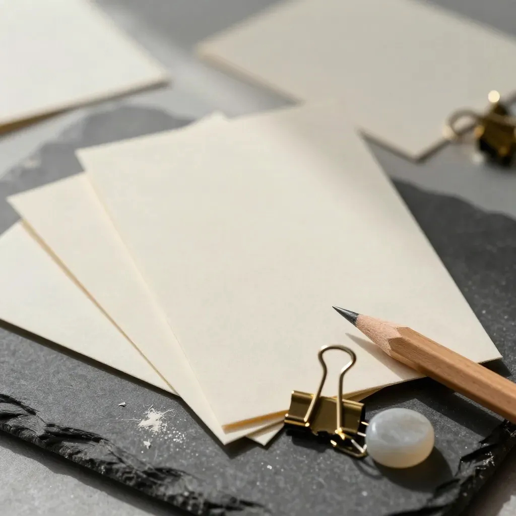 Top-down macro of fanned workshop cue cards, brass clip, pencil and stone weight on slate.