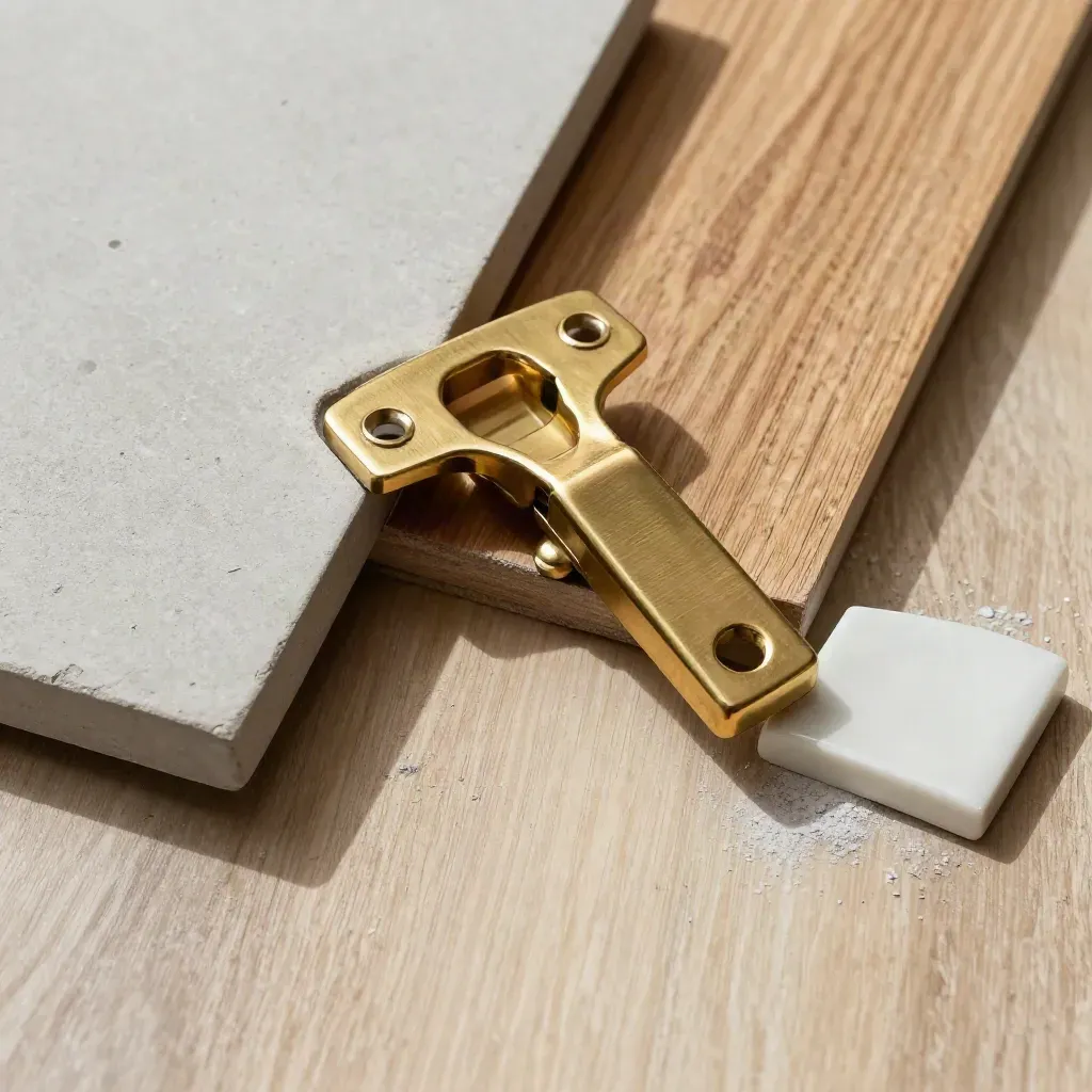 Overhead macro of concrete, oak, brass and ceramic material swatches on pale wood