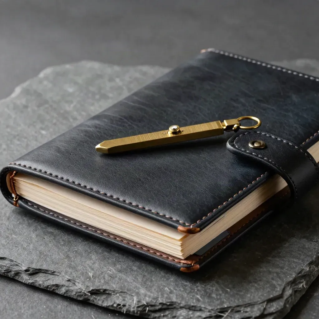 Leather planner with brass compass, tabs and sleeves on slate stone, lit with skimming directional light.