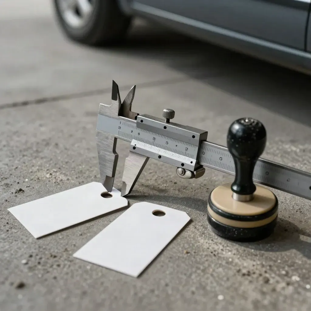 Steel caliper closing on a gauge edge beside blank tag cards and a rubber stamp base on dark concrete.