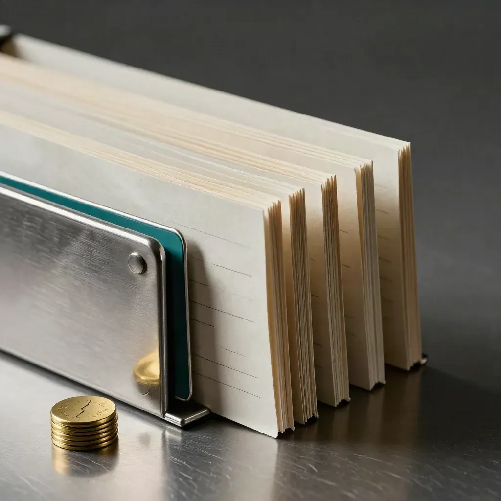 Ledger dividers, brass tally tokens, and a metal counter on brushed steel.