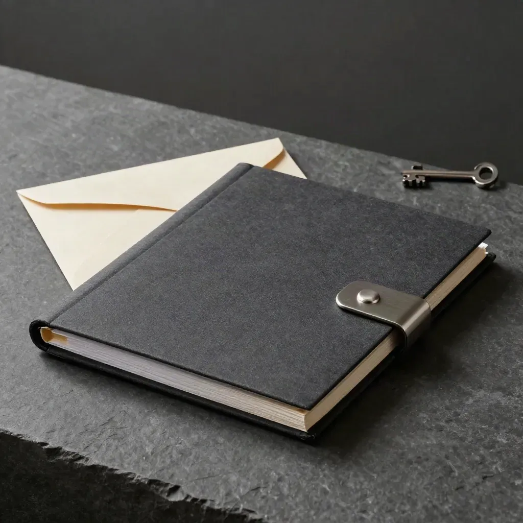 Charcoal board pack folder, steel page weight and clasped envelope on stone under dramatic light