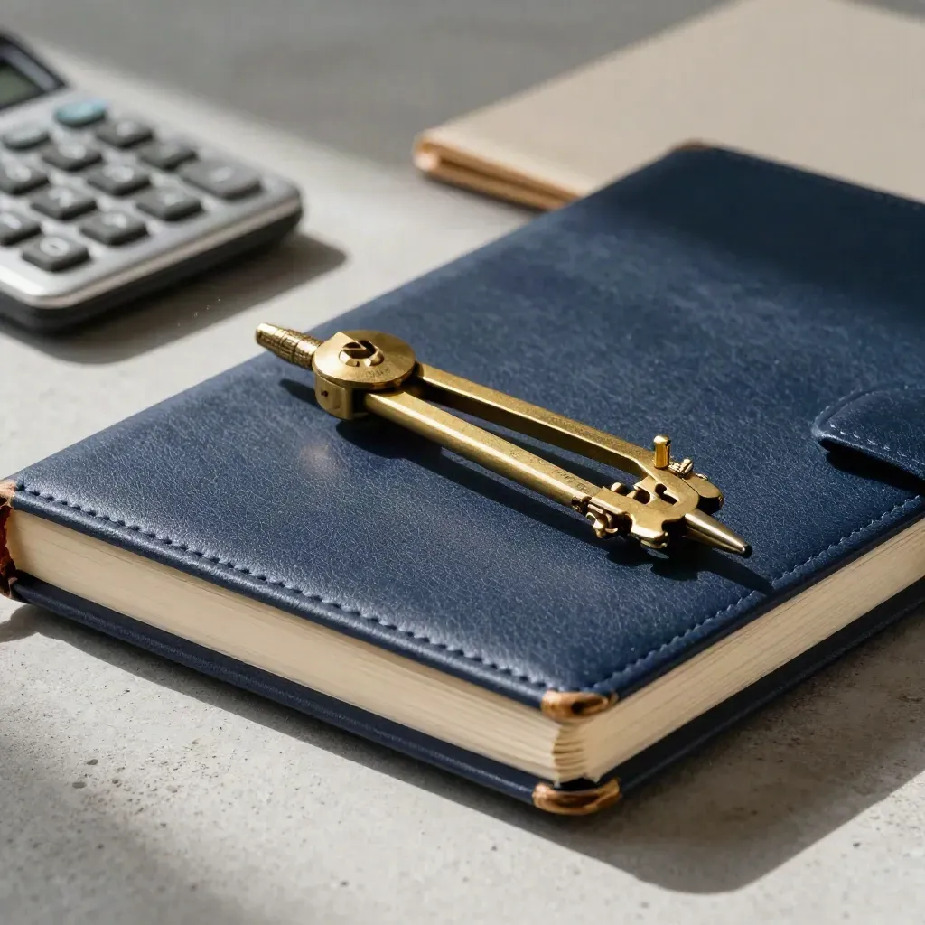 Notebook, brass compass, calculator and cap-table folder on concrete in close-up.