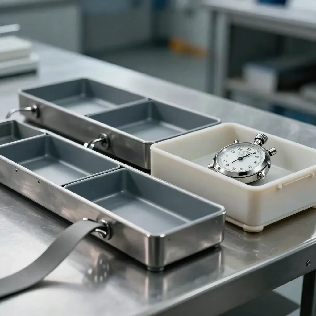 Macro still life of steel process trays, clips, rings, and a stopwatch on a warehouse bench
