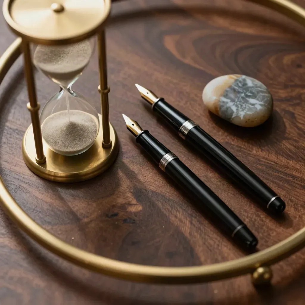 Brass hourglass, fountain pens, and stone paperweight on dark wood, seen from above.