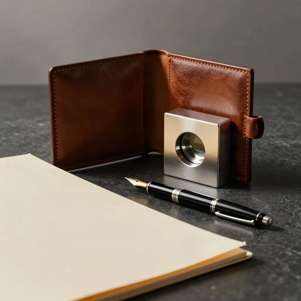 Leather portfolio, report folder, paperweight and fountain pen on dark stone, shot through a blurred folder.