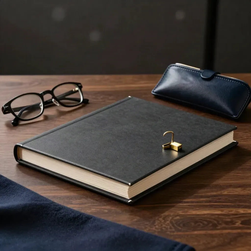 Executive binder, brass clip and glasses case on walnut, lit dramatically.