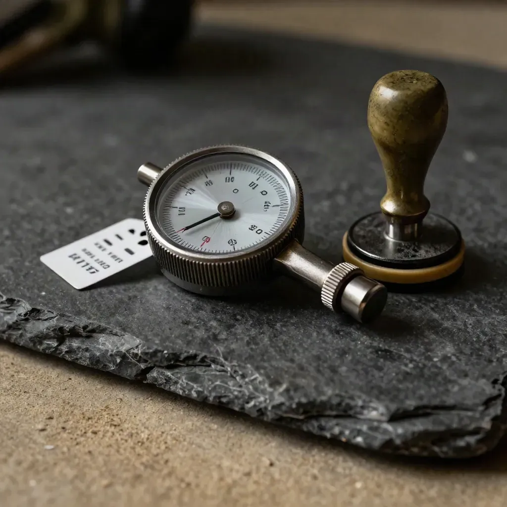 Steel gauge, inspection tags and rubber stamp base on charcoal stone in dramatic macro light.