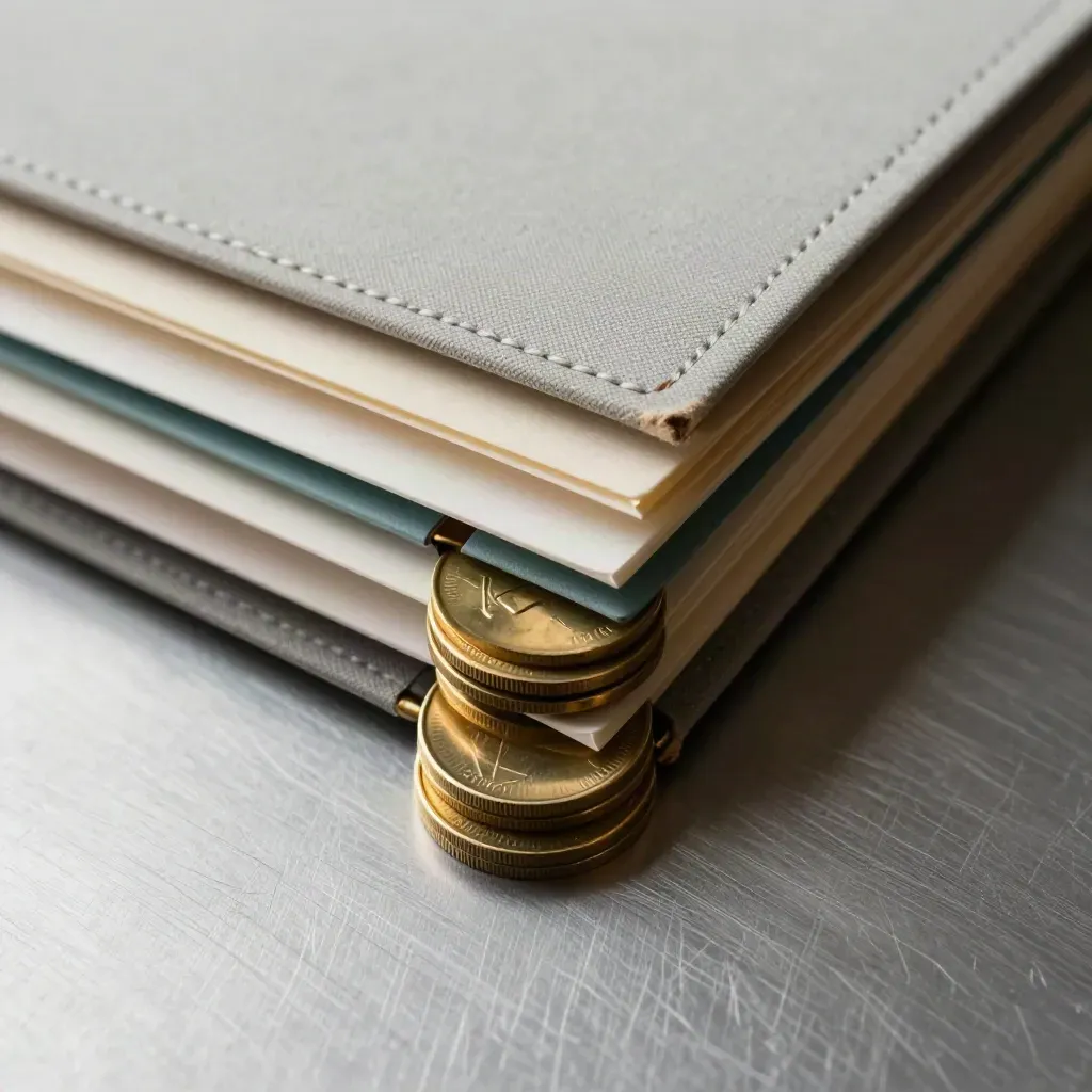 Macro of tabbed folders, brass token stack and teal marker on brushed metal.