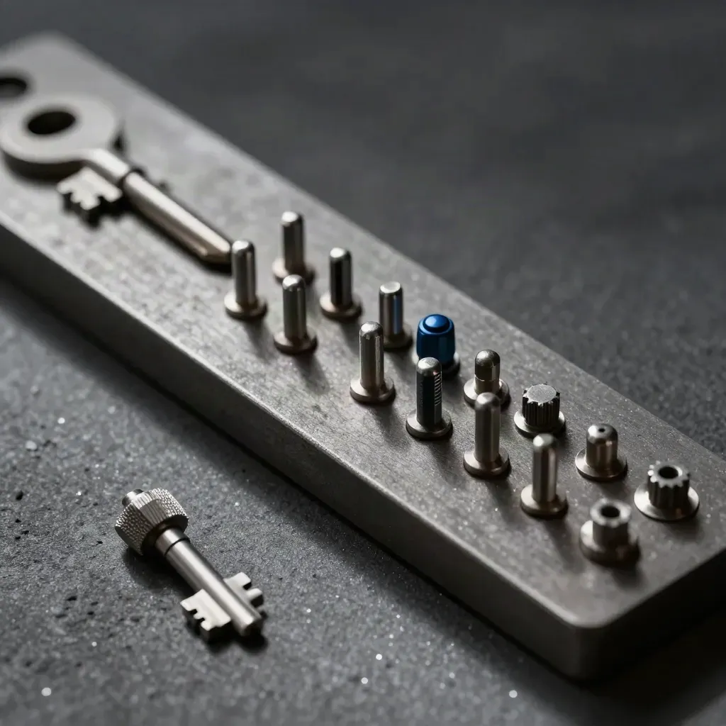 Precision gear plates, pinned fasteners and spacers on dark concrete under skimming light.