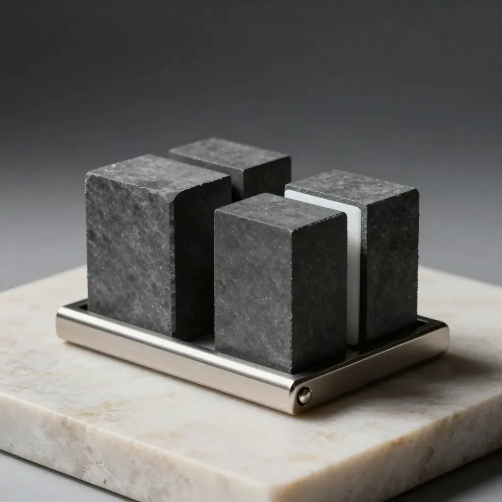 Graphite modular blocks and a steel bridge bar on pale stone, lit dramatically.