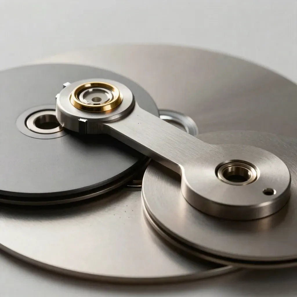 Two matte connector discs joined by a bridge on brushed metal, shot overhead with gold accents.